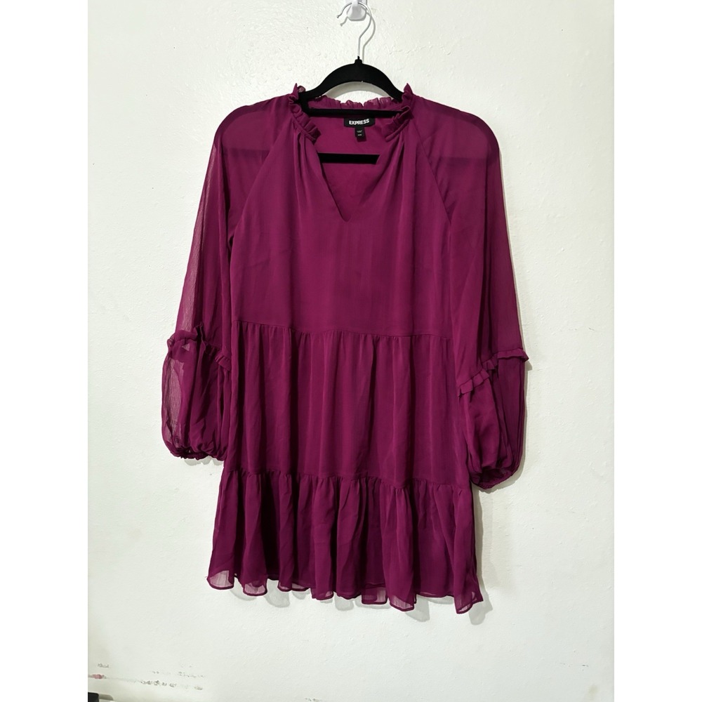 Express Women's XXS Purple Chiffon Ruffle A-Line Dress Balloon Sleeve